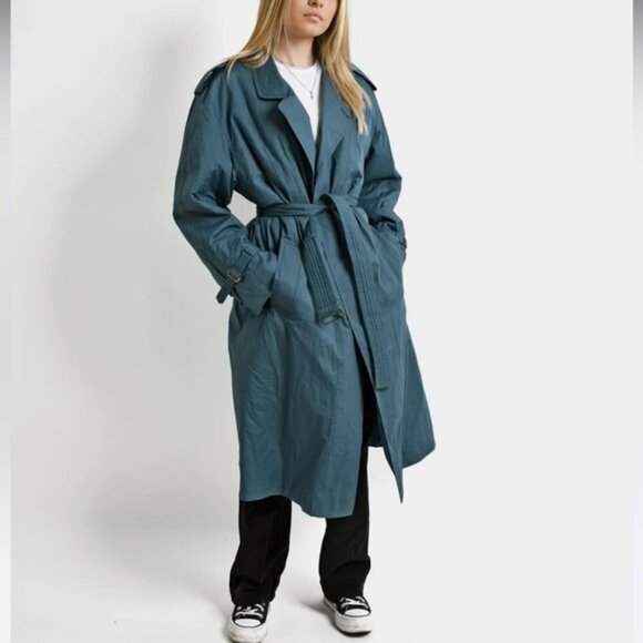 Vintage Jackets & Blazers - SOLD Vintage 80s 90s Oversized Lined Teal Trench Coat Size 9/10 Petite